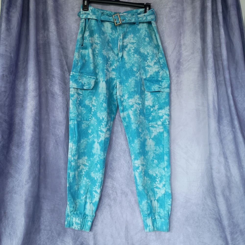 Almost Famous Turquoise Acid Wash Cargo Jogger Pants Belted Y2K